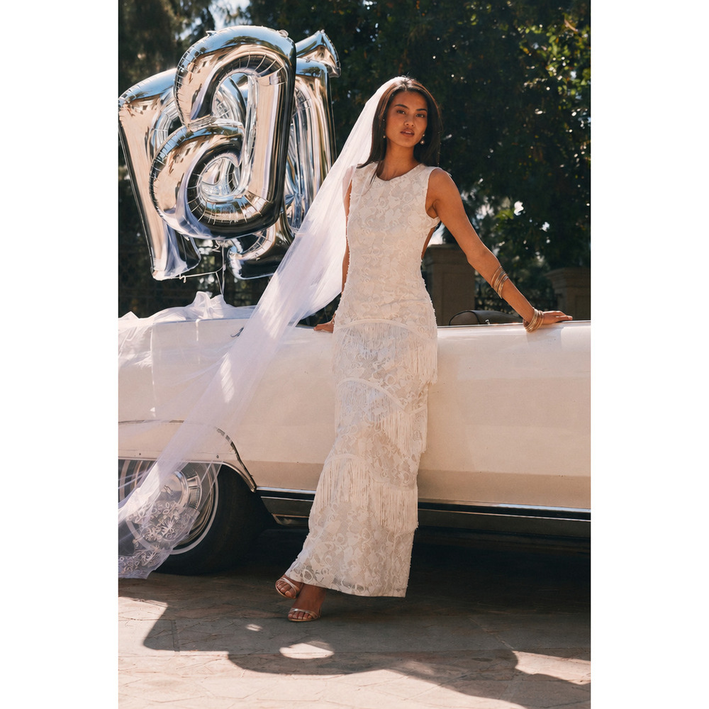 12th Tribe Shadows White Lace Fringe Maxi Dress Size S